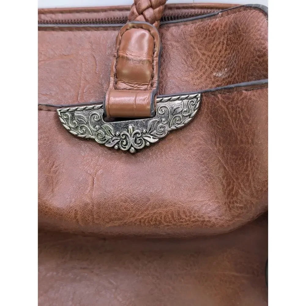 Bueno Brown Faux Leather Satchel Handbag Braided Handles Western Croc Trim